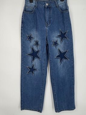 Romwe Size Medium US Womens 6 High Rise Jeans Blue Stars Applique Wide Leg Denim